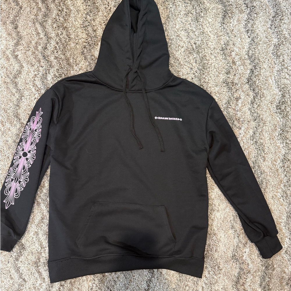 Black Graphic Chrome Hearts Hoodie with Pink Sleeve Design